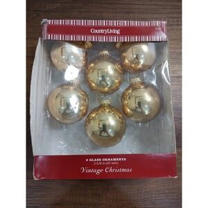 VTG Country Living Christmas Tree Ornaments Hanging Glass Ball  Shiny Gold 6ct